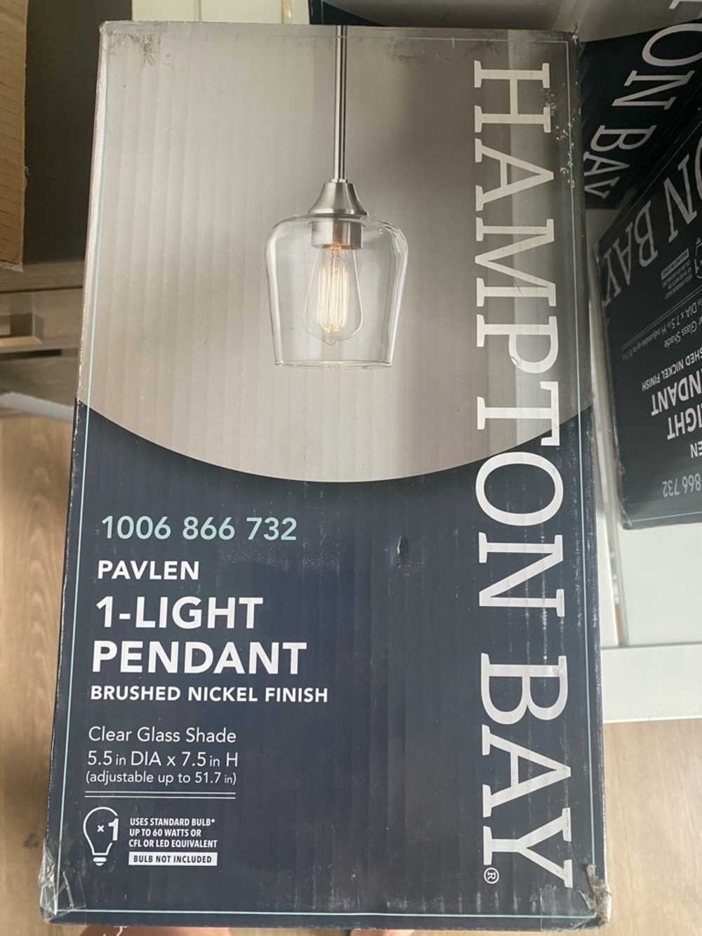 New Hampton Bay Pavlen 1-Light Pendant in Brushed Nickel with Clear Glass